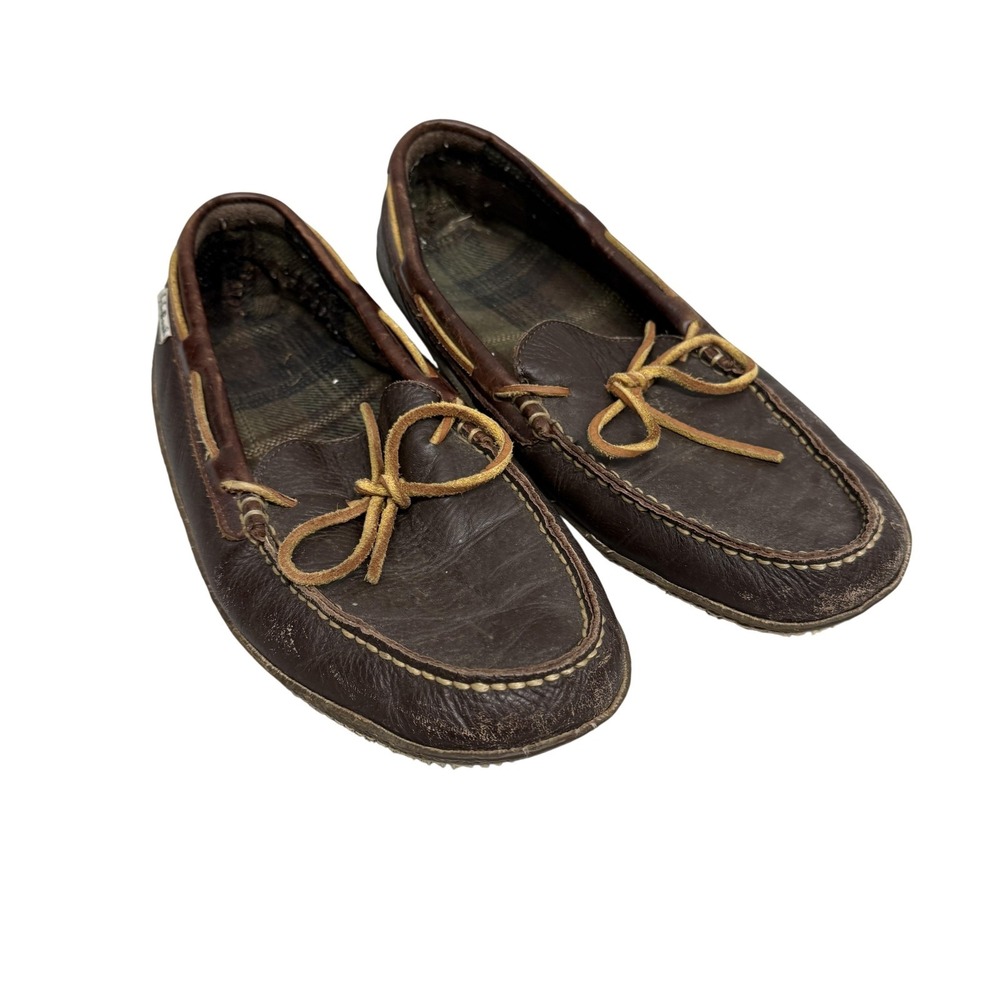 L.L. Bean Slippers Mens Size 10 Brown Leather Moccasin Plaid Lined Indoor Shoes‎